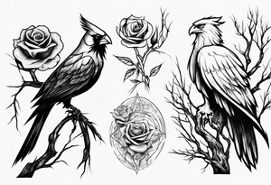 A cardinal with a rose and a eagle sitting in a willow tree. tattoo idea