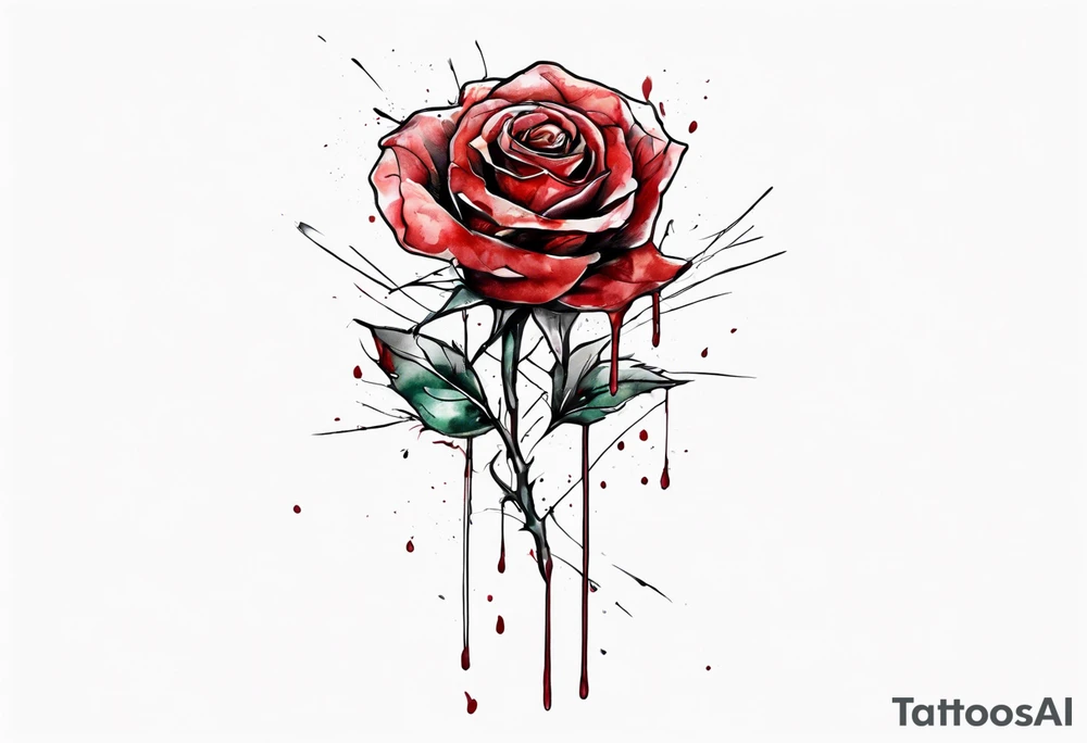 rose flower, one line, red blood dripping from the flower, tall, watercolor, with a Christian cross placed in the bottom half tattoo idea