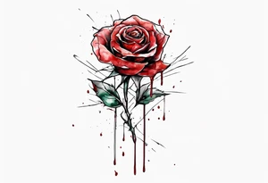 rose flower, one line, red blood dripping from the flower, tall, watercolor, with a Christian cross placed in the bottom half tattoo idea