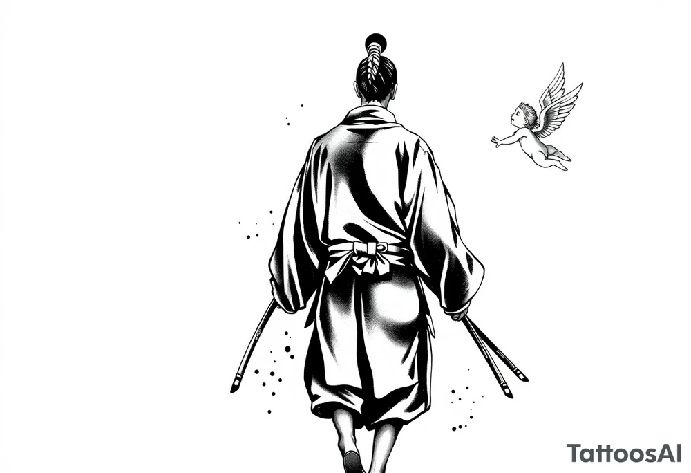 "Blackwork tattoo illustration of a samurai walking forward, seen from behind. The samurai wears a traditional kimono and hakama, holding two long katanas in a relaxed but ready pose. To his right, a small child angel with detailed feathered wings floats in the air, gently reaching toward him with an outstretched hand. Strong contrast, dynamic ink splatters, sumi-e brush stroke effects, minimalist white background, dramatic lighting, emotional and symbolic composition, high-detail linework." tattoo idea