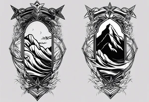 complete upper arm sleeve. Feature three mountain side by side, with 3 stars above them crossed sword patterns that evoke the Valkyrie spirit. Keep the design in clean, simple lines. tattoo idea