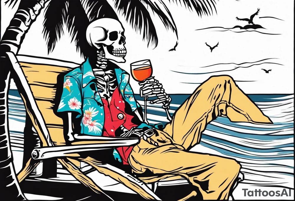 skeleton wearing a button up hawaiian shirt relaxing on the beach with a drink tattoo idea