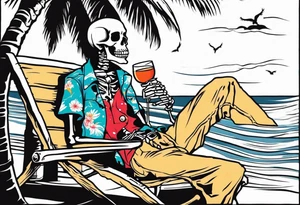 skeleton wearing a button up hawaiian shirt relaxing on the beach with a drink tattoo idea