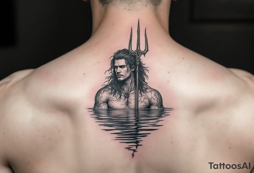 fit young poseidon with trident half way in calm water tattoo idea
