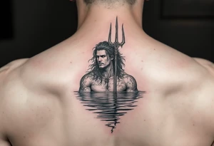 fit young poseidon with trident half way in calm water tattoo idea