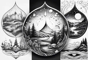Big water Drops. In each Drops a small world or Universe is Comprised. Some with landscapes, some with Villages. Some with patters. Some with Sky. tattoo idea