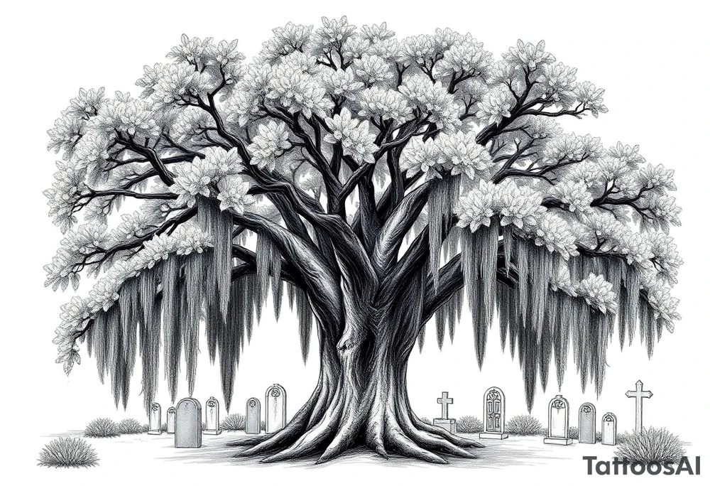 Laurel oak with Spanish moss in a cemetery tattoo idea
