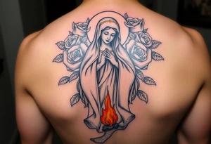 Mother mary with roses around her head, and a burnt up paper under her feet tattoo idea