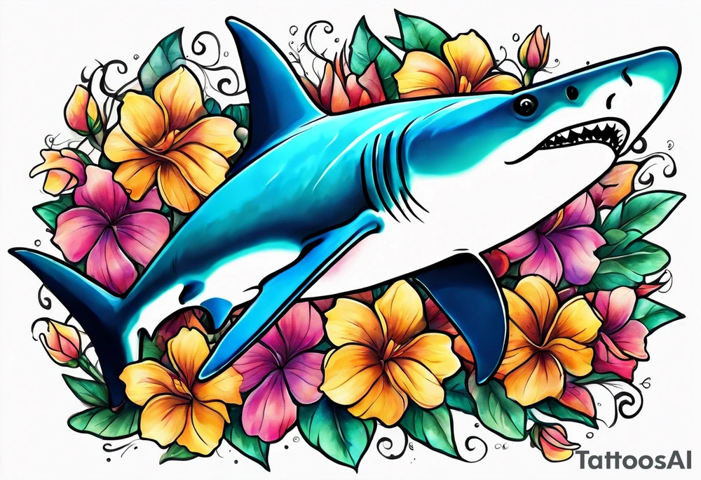 Hammerhead shark  with flowers tattoo idea