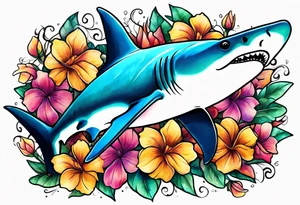 Hammerhead shark  with flowers tattoo idea