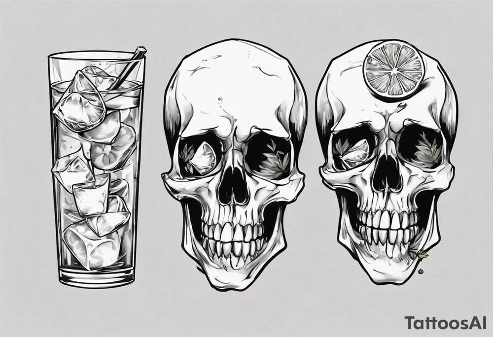 A happy, looking to the left scull, inside the glass with ice and piece of lime tattoo idea