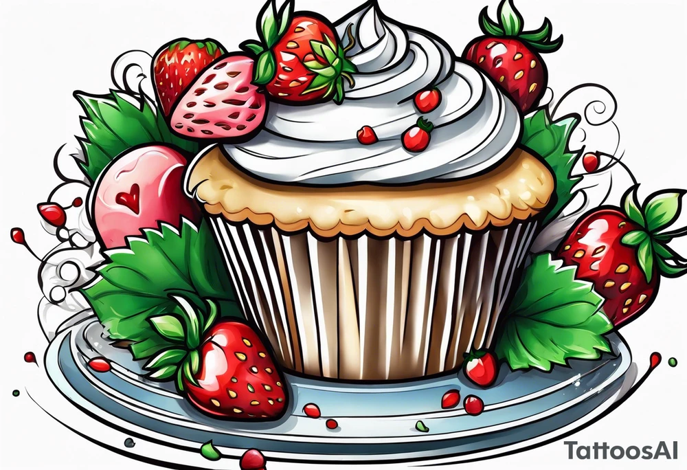 Cupcake with strawberries bows and sweet imagery tattoo idea
