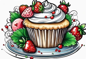 Cupcake with strawberries bows and sweet imagery tattoo idea