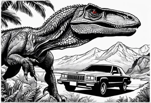 Velociraptor, a jeep, and the Jurassic Park gates, half sleeve tattoo idea