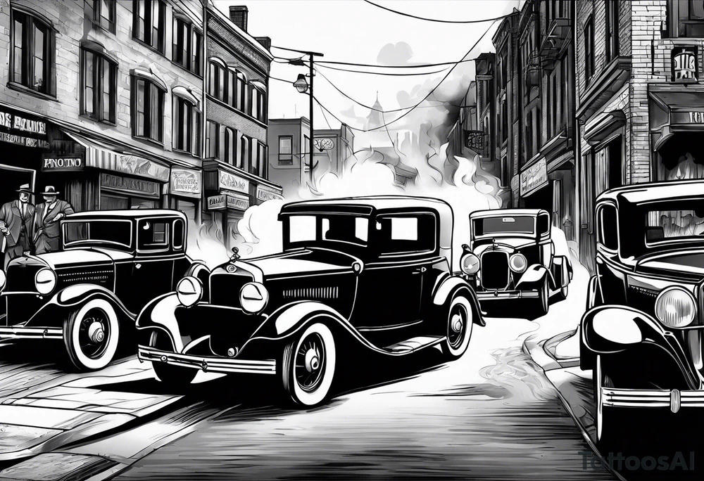 Al Capone style gangsters fighting with machine guns, set with a 1930s city street background, include a 1930's car in the background , flames and and smoke tattoo idea