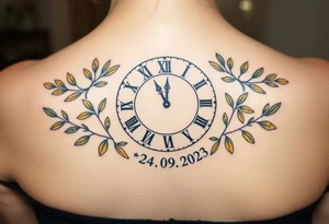 A Roman numeral clock surrounded by olive branches, with baby´s name "Erik" and birth date "24. 09. 2023 in muted green and gold tattoo idea