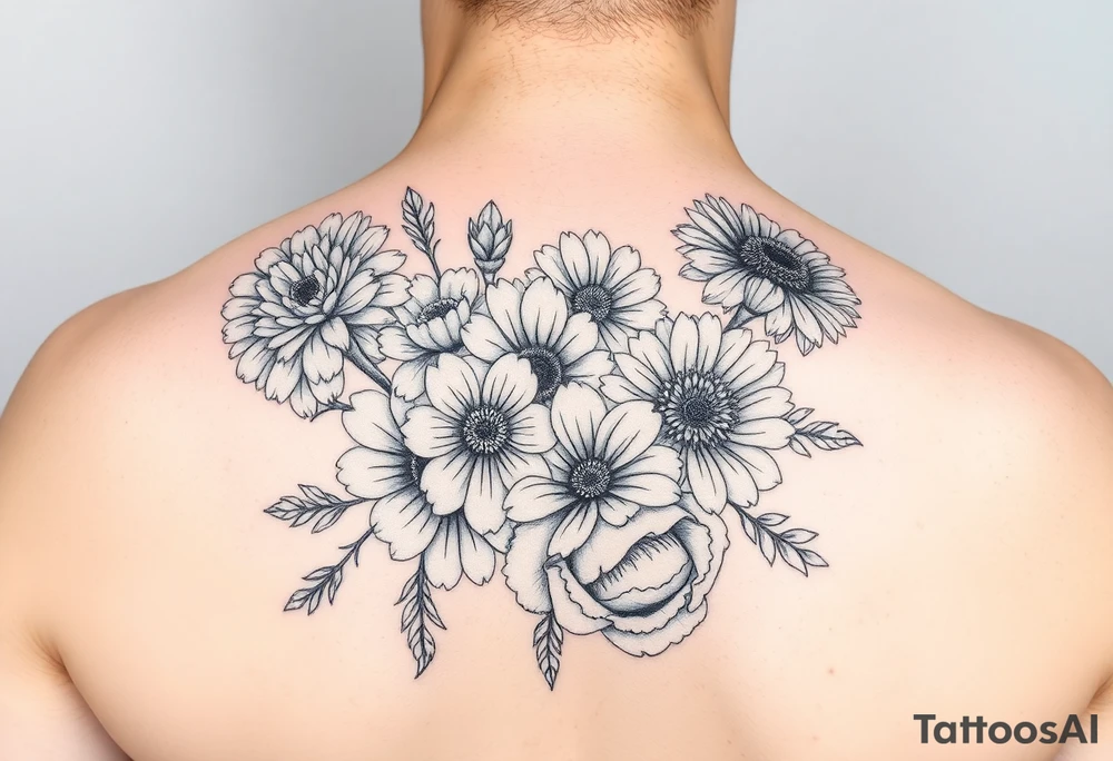 flower arrangment for arm, include two carnations, one violet, two daisies, one cosmos, and one peony tattoo idea flower arrangment for arm, include two carnations, one violet, two daisies, one cosmos, and one peony tattoo idea
