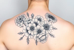 flower arrangment for arm, include two carnations, one violet, two daisies, one cosmos, and one peony tattoo idea