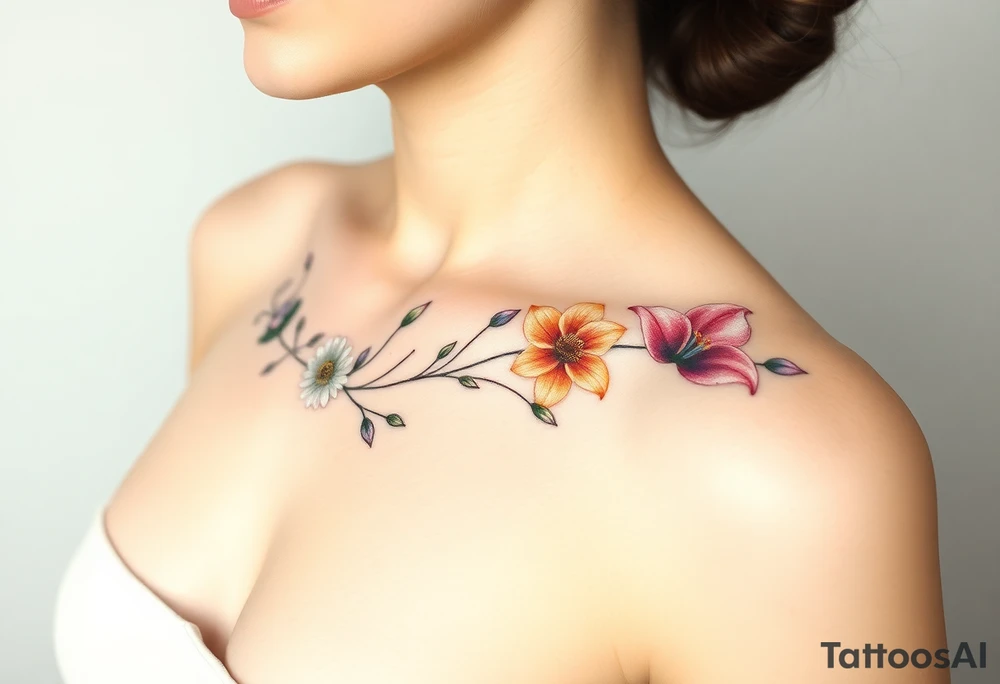 This tattoo is on a woman. It is a line of flowers connected by a single stem. It starts on her left side of the chest with a Glaiolus and Daisy together, then the tatoo rises over the left shoulder and down the arm and ends at the elbow. The tattoo will include a primrose, Calla Lily, and a Lilly. It will be light on color except in the petals and has light shading to make it pop. tattoo idea