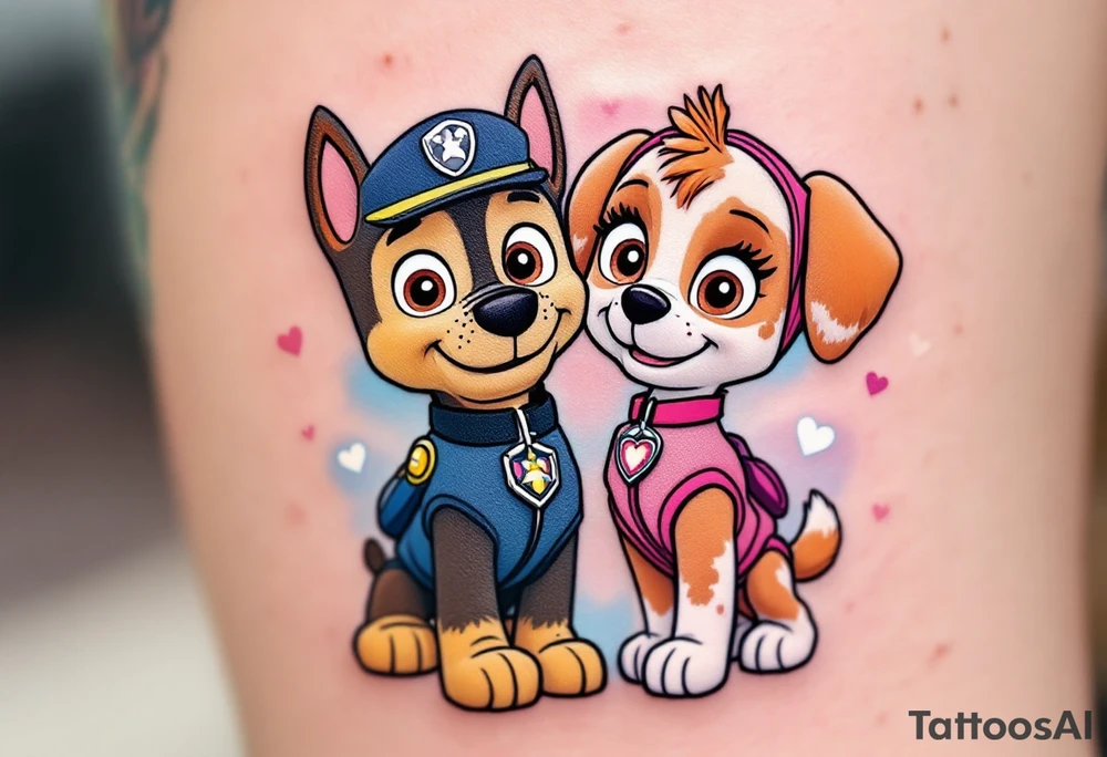 Chase and Skye from Paw Patrol standing side by side, with their paws intertwined in a symbol of teamwork. The background has a light sky blue and soft pink gradient with subtle hearts floating around them. tattoo idea