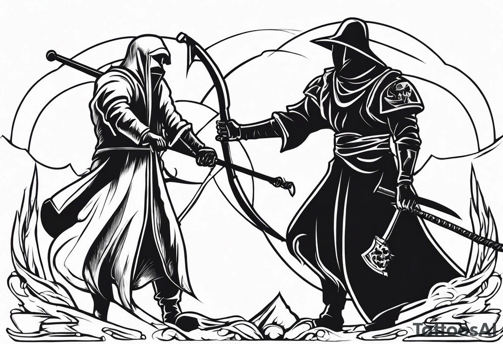 The executioner and death with a scythe shake hands tattoo idea