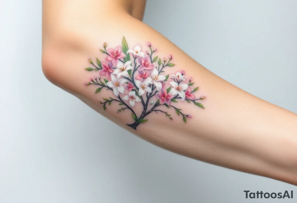 flowering hawthorn tree with white lilly of the vally plants tattoo idea