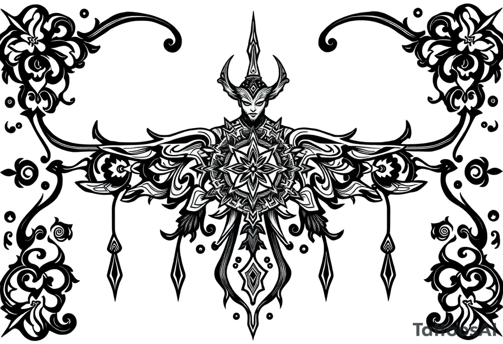 mystical dark and long ornament with shaman and witch style and ancient rhyme tattoo idea