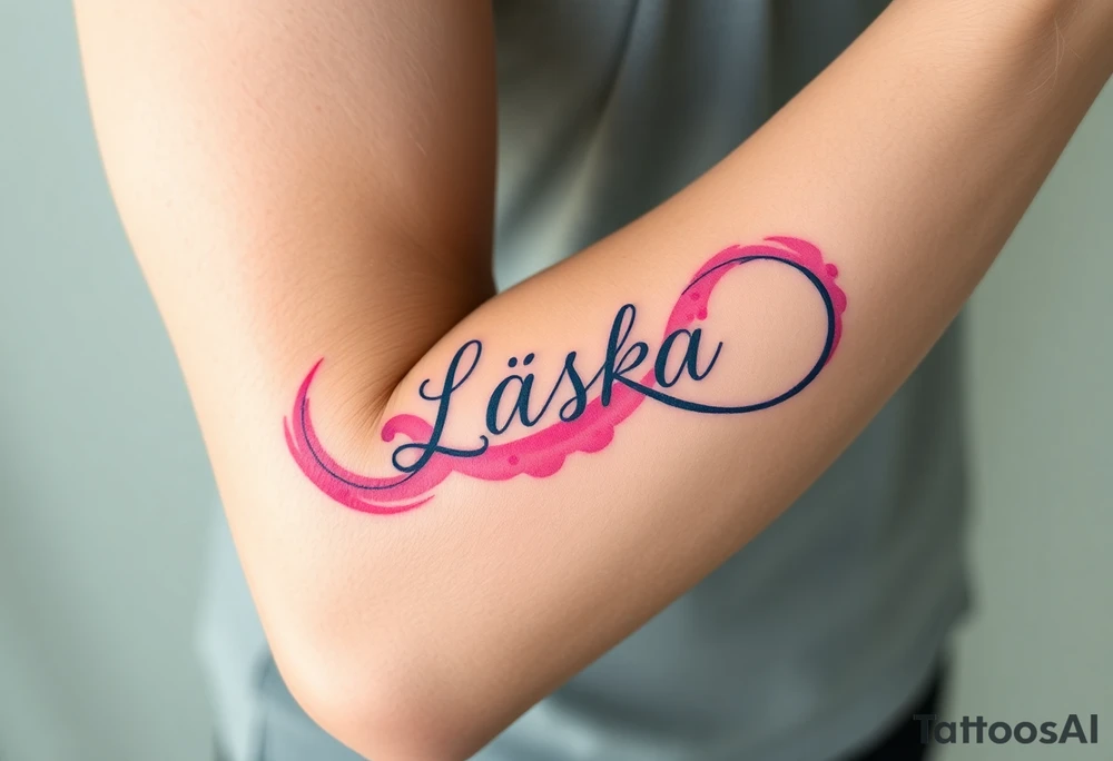 A watercolor infinity design in pastel pink and purple hues, with "Láska" softly blending into the curves, creating a dreamy effect tattoo idea