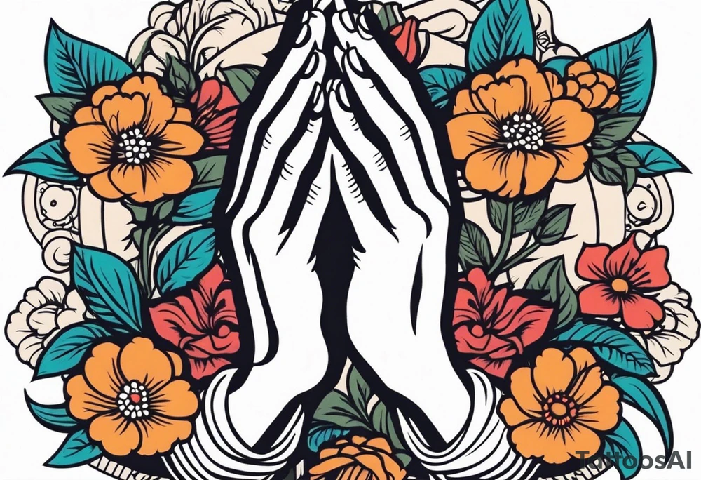praying hands

old school vintage simple traditional design with vintage flowers surrounding
bold color simple tattoo idea