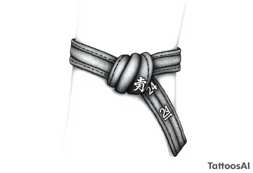 A realistic black and gray tattoo of a Brazilian Jiu-Jitsu black belt wrapping around the wrist like a bracelet. The belt is tied in a knot with one end showing the number 30 and the other showing 24. On the flat end of the belt, two Japanese kanji characters are inked in white: 成長 (growth) and 忍耐 (perseverance). The belt has subtle stitch marks and worn, textured shading for a slightly distressed, authentic look. The style is clean, symbolic, and bold, designed to wrap naturally around the wrist like a wristband.” tattoo idea