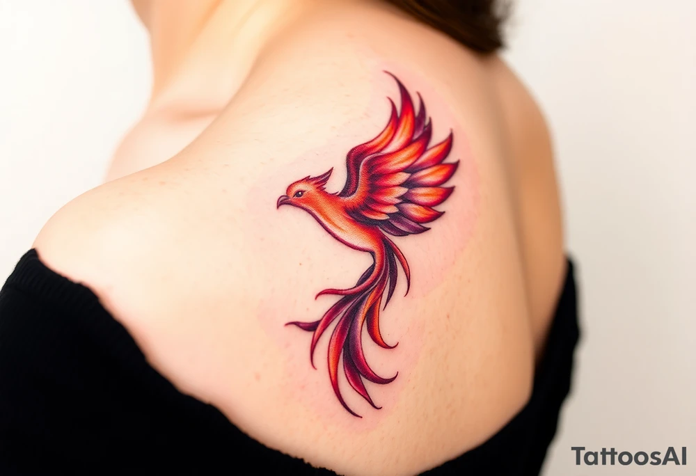 Phoenix rising from the ashes with the colors red, pink, orange and purple. Size 3 cm wide and 5 cm high tattoo idea