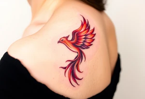 Phoenix rising from the ashes with the colors red, pink, orange and purple. Size 3 cm wide and 5 cm high tattoo idea