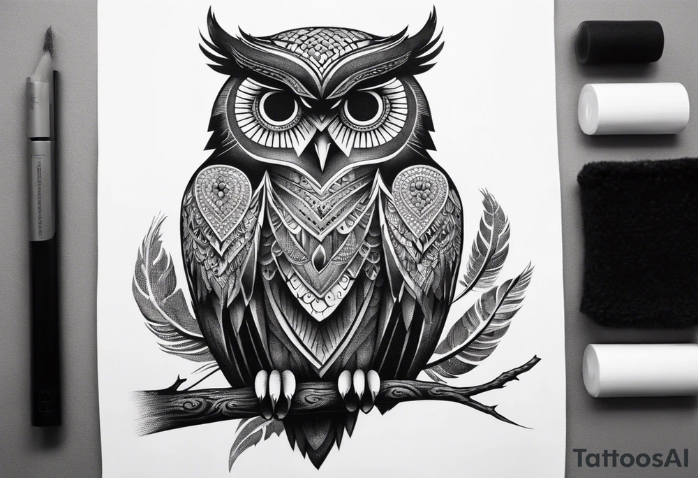 “A wise owl perched on a branch, with large, expressive eyes and intricate feather patterns, representing wisdom tattoo idea