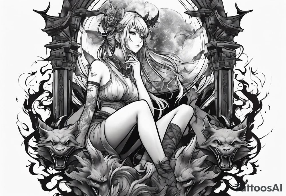 a bleeding anime girl sitting on a ball, and surrounded by gargoyles tattoo idea