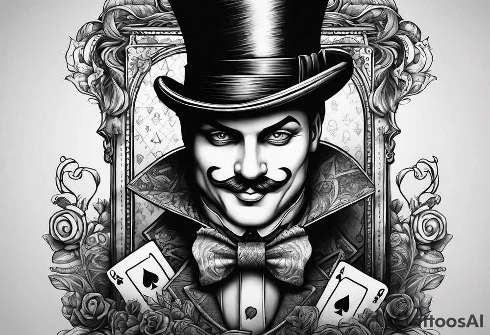 King of spades that says “we’re all mad here” with top hat tattoo idea