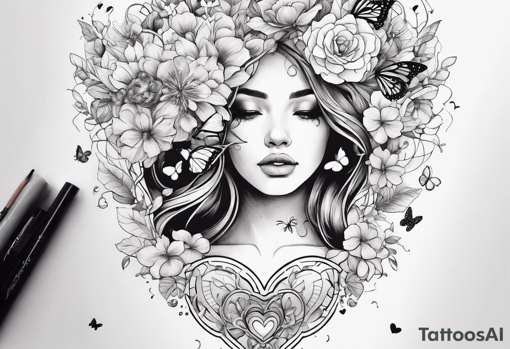 Out line of a woman from below her head holding a heart with flowers sprouting from the top of the heart into her head and butterflies flying around the flowers tattoo idea