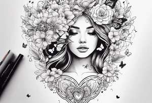 Out line of a woman from below her head holding a heart with flowers sprouting from the top of the heart into her head and butterflies flying around the flowers tattoo idea