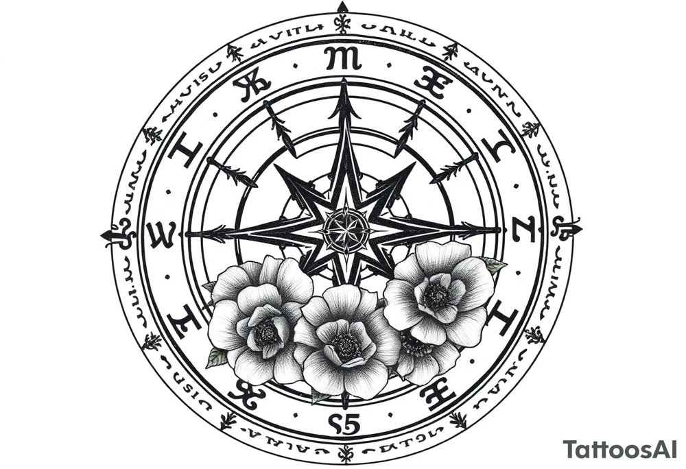 zodiac symbols the elements and Norse runes within ornate compass with roses lilly sunflowers tattoo idea