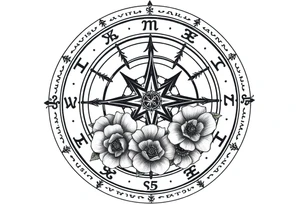 zodiac symbols the elements and Norse runes within ornate compass with roses lilly sunflowers tattoo idea