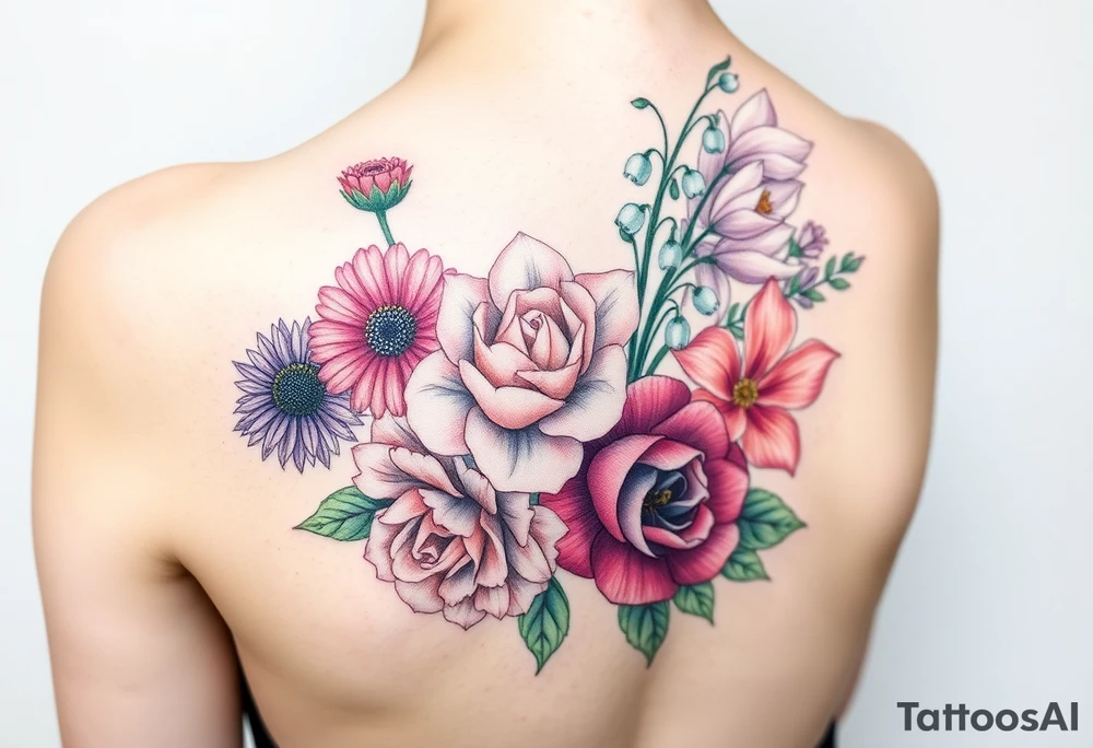 Bouquet of flowers with a aster, carnation, rose, Lily of the valley, delphinium with stems Starting upper middle back to right shoulder tattoo idea