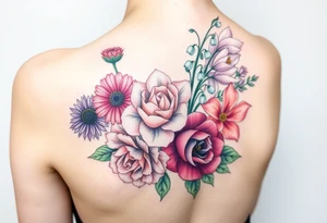 Bouquet of flowers with a aster, carnation, rose, Lily of the valley, delphinium with stems Starting upper middle back to right shoulder tattoo idea