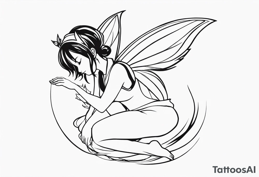 No color sketch of a fairy with a tail inspired by the guild symbol in the anime show called Fairy Tail in a fetal position leaning forward while crawled in hugging herself with hands a bit forward and her body is an angle while floating in the air tattoo idea