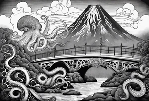 Octopus attacking a bridge with volcano in background erupting tattoo idea