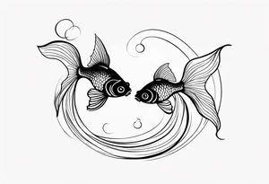Design a small tattoo featuring a pair of goldfish intertwined, symbolizing harmony and companionship in a flowing design tattoo idea