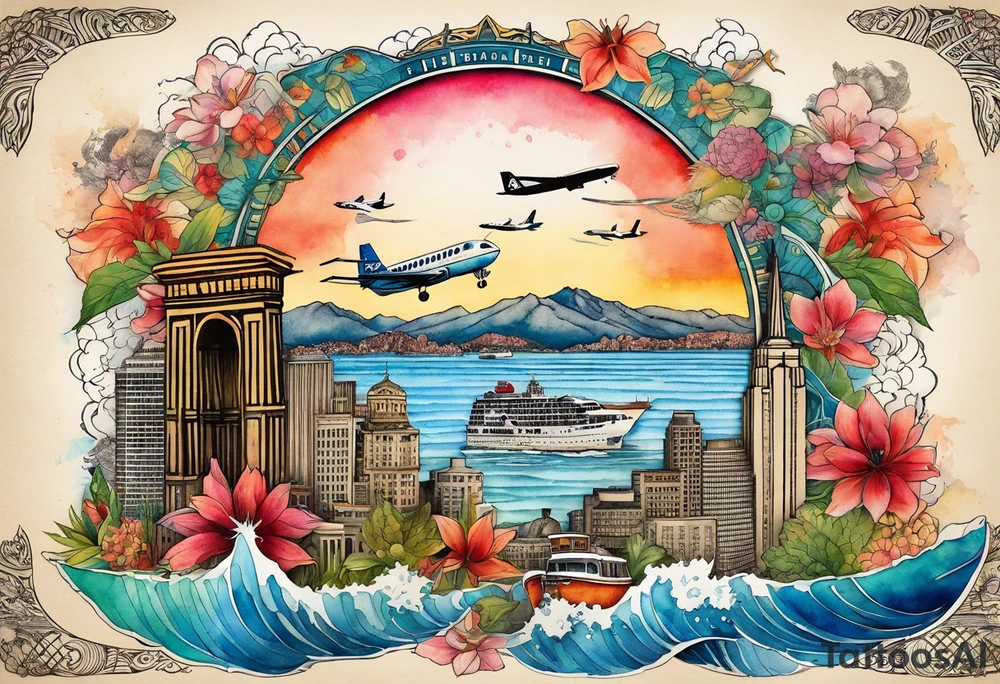 Round Travel collage with San Francisco, mountains, Kansas city skyline and 
Arc de Triomphe, Jamaican beach spilled watercolor and tiny jet plane silhouette and a tiny ski boat in the water tattoo idea