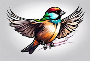 Colorful sparrow in flight tattoo idea