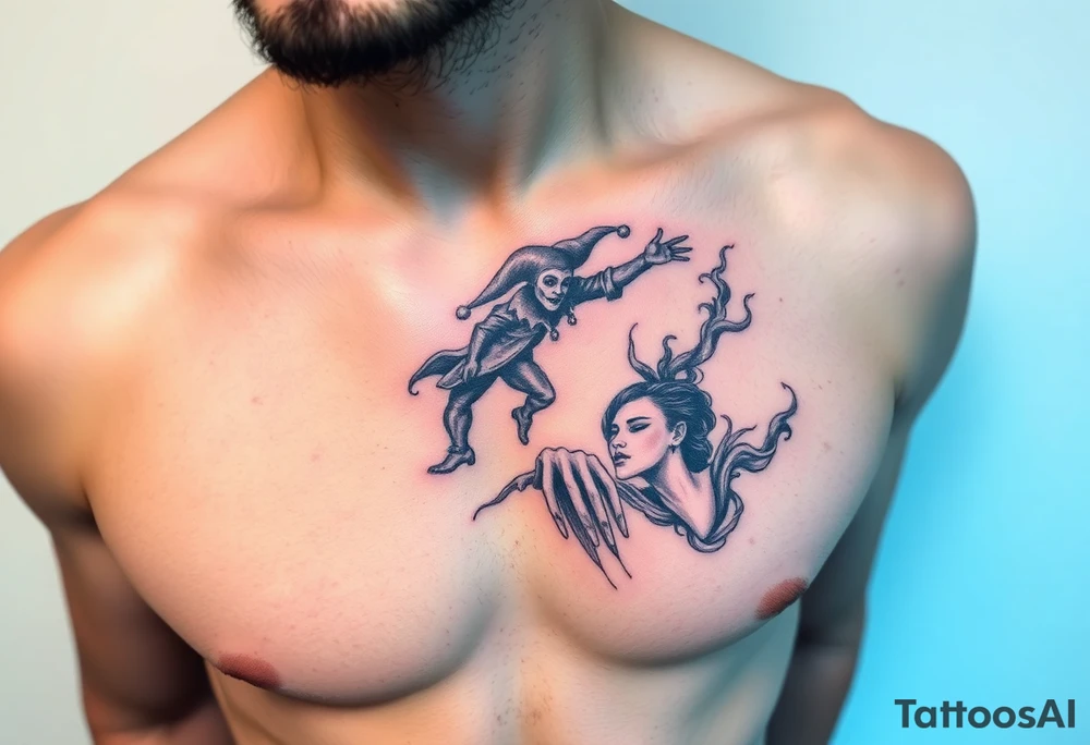 jester hovering over woman in smoke tattoo idea