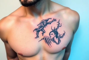 jester hovering over woman in smoke tattoo idea