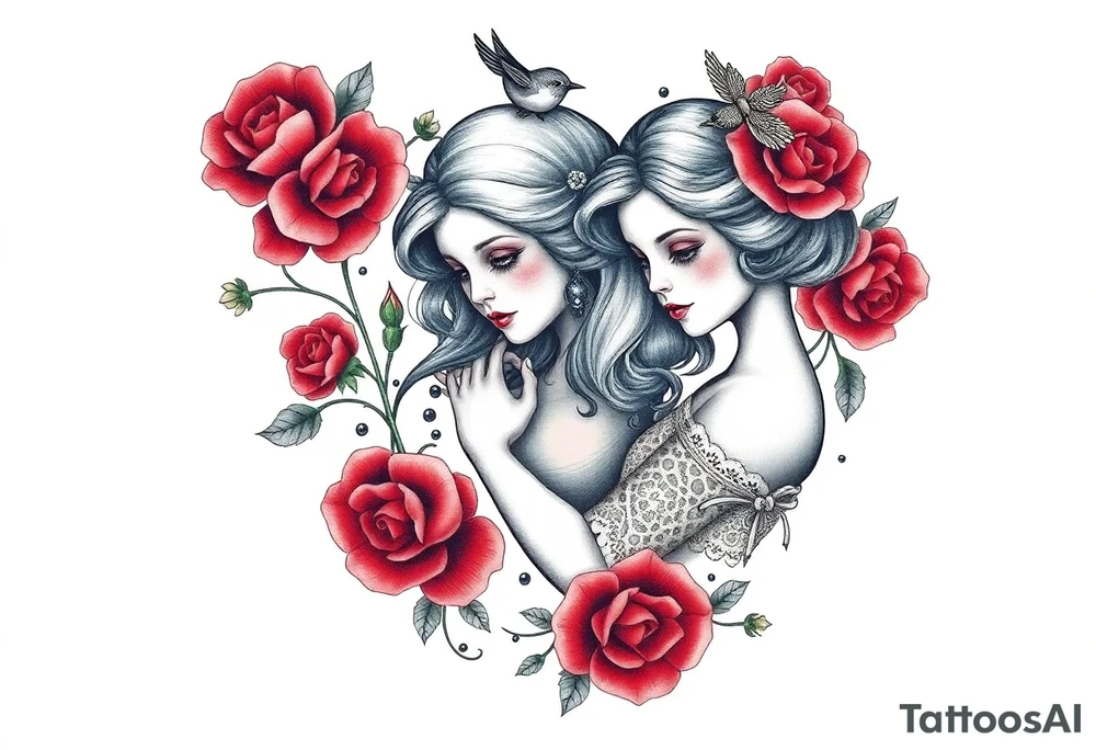 Vintage dollies, red roses, lace, red bird, vintage, wrap around, tighter together, no space open tattoo idea