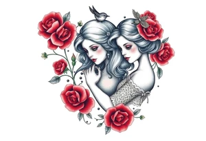 Vintage dollies, red roses, lace, red bird, vintage, wrap around, tighter together, no space open tattoo idea